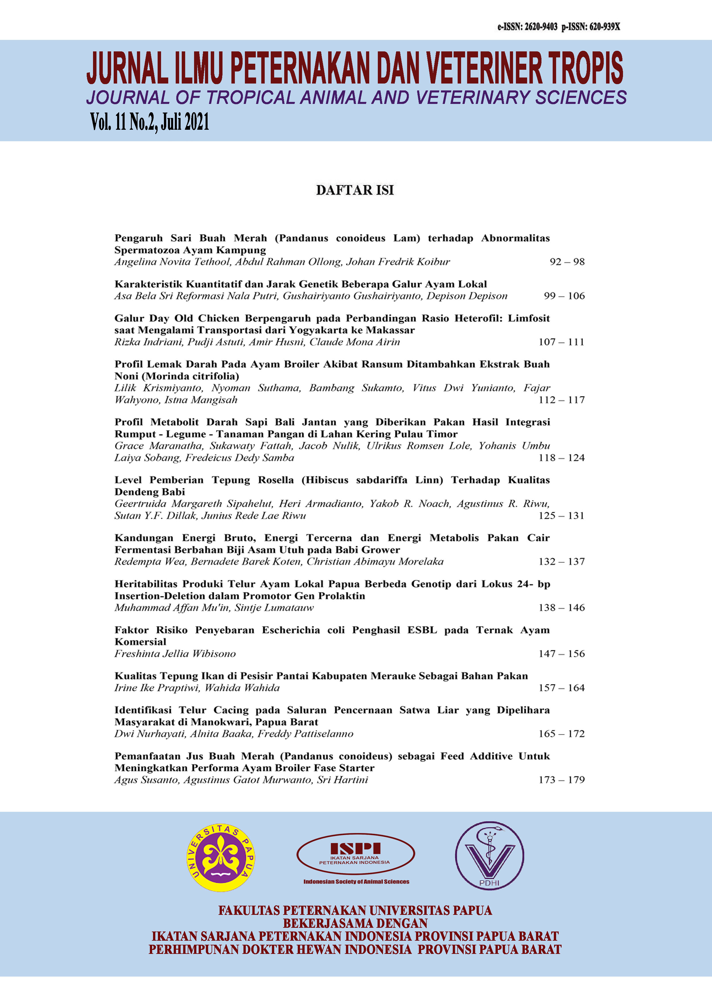 					View Vol. 11 No. 2 (2021): Jurnal Ilmu Peternakan dan Veteriner Tropis (Journal of Tropical Animal and Veterinary Science)
				