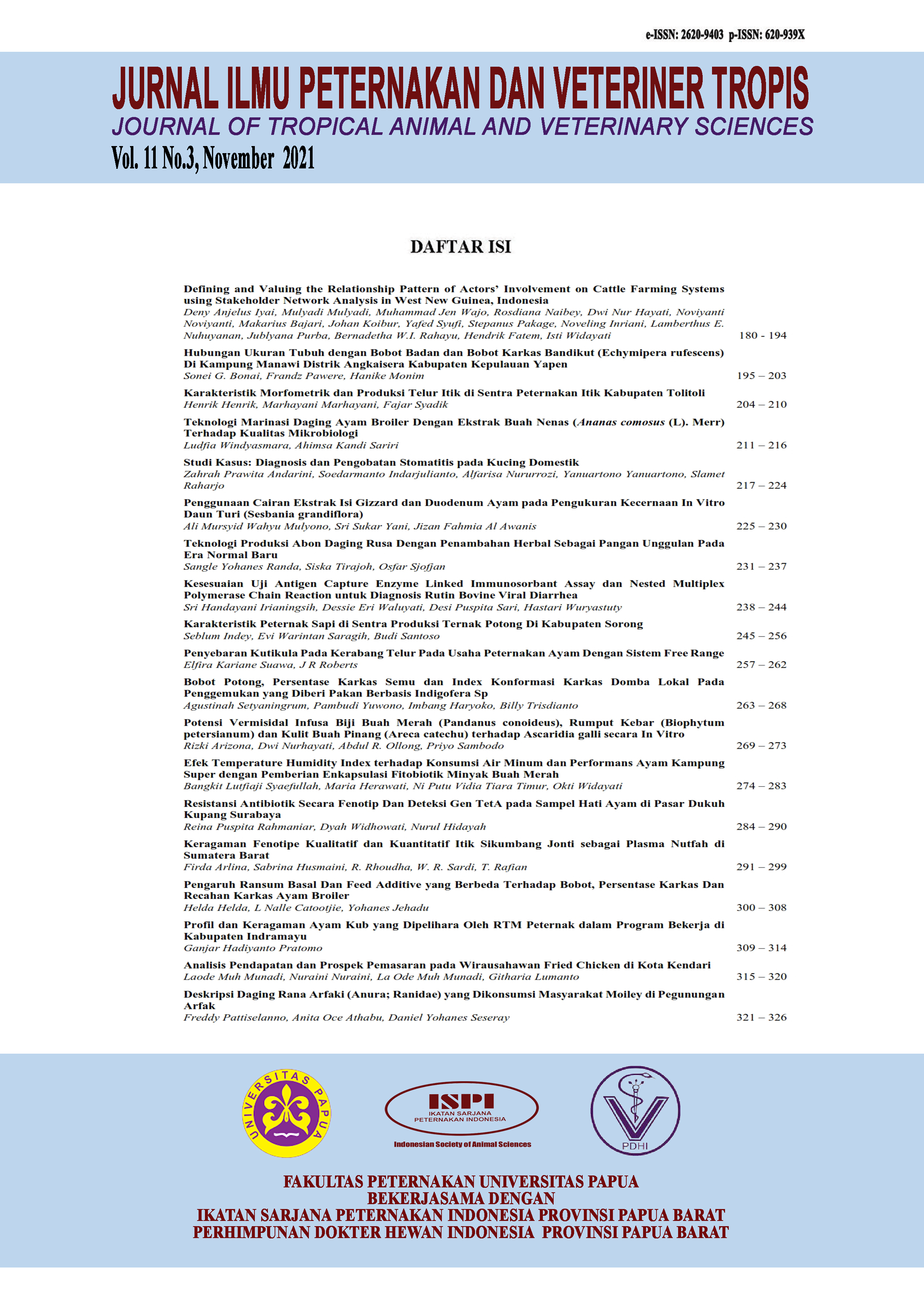 View Vol. 11 No. 3 (2021): Jurnal Ilmu Peternakan dan Veteriner Tropis (Journal of Tropical Animal and Veterinary Science)