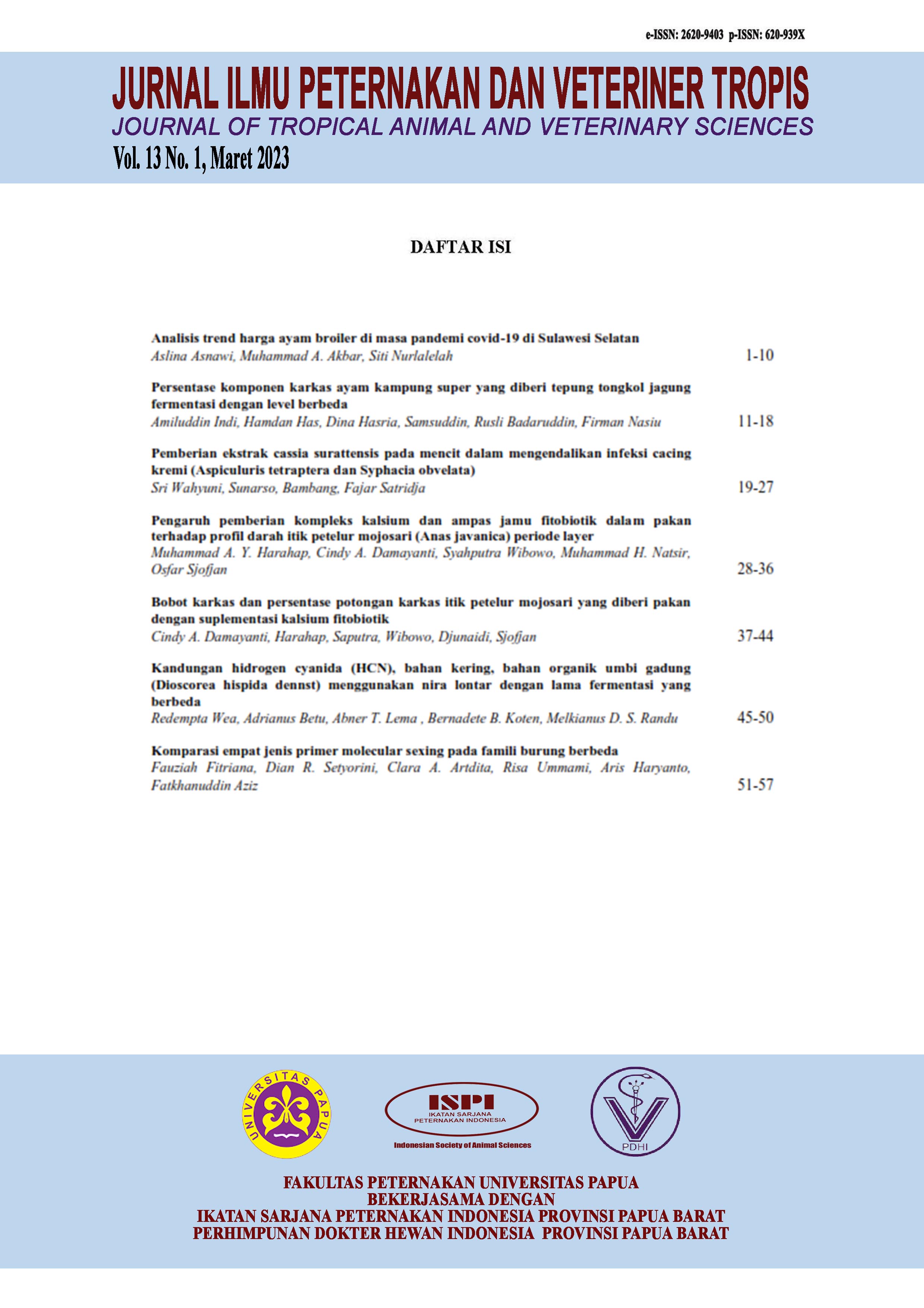 View Vol. 13 No. 1 (2023): Jurnal Ilmu Peternakan dan Veteriner Tropis (Journal of Tropical Animal and Veterinary Science)