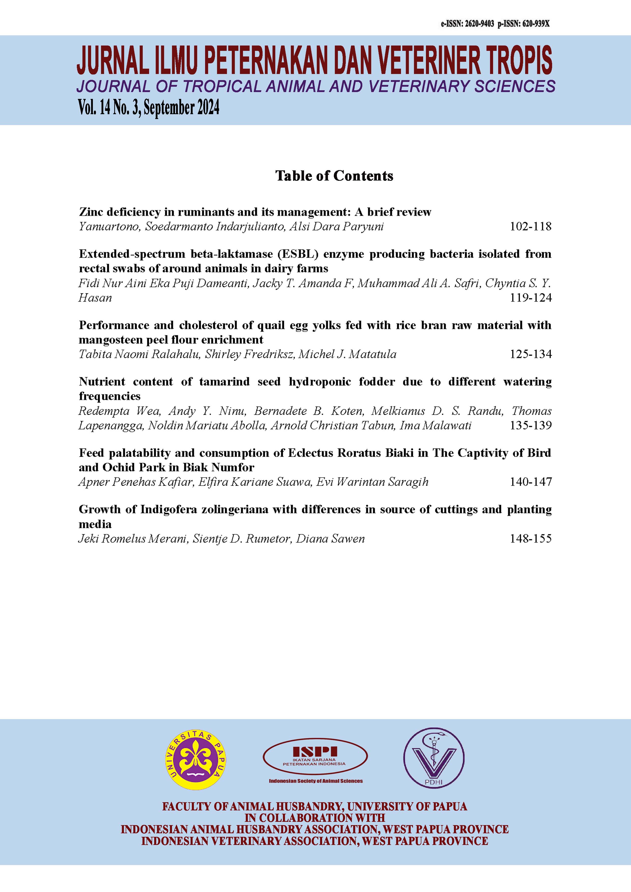 					View Vol. 14 No. 3 (2024): Jurnal Ilmu Peternakan dan Veteriner Tropis (Journal of Tropical Animal and Veterinary Science)
				