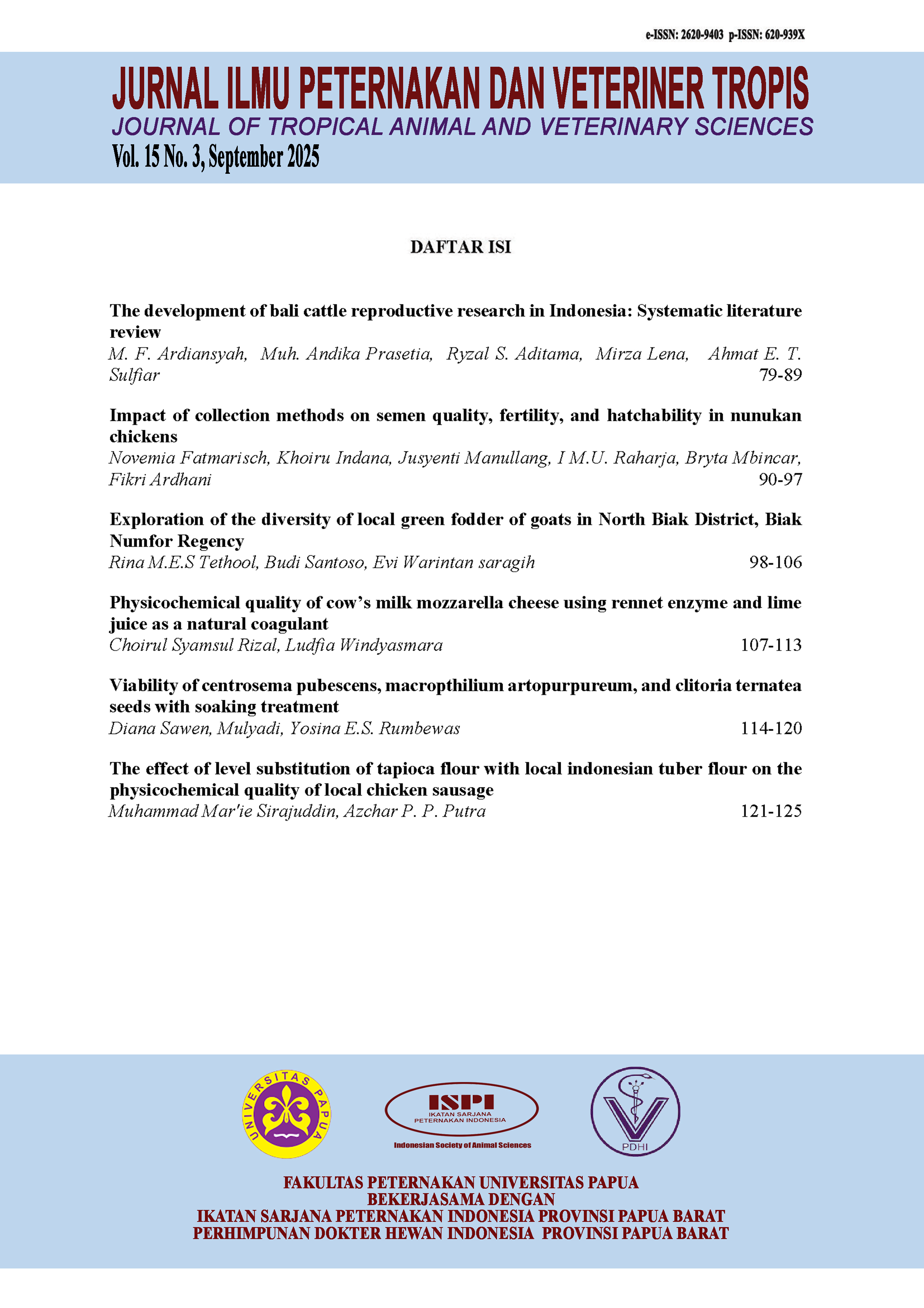 					View Vol. 15 No. 3 (2025): Jurnal Ilmu Peternakan dan Veteriner Tropis (Journal of Tropical Animal and Veterinary Science)
				