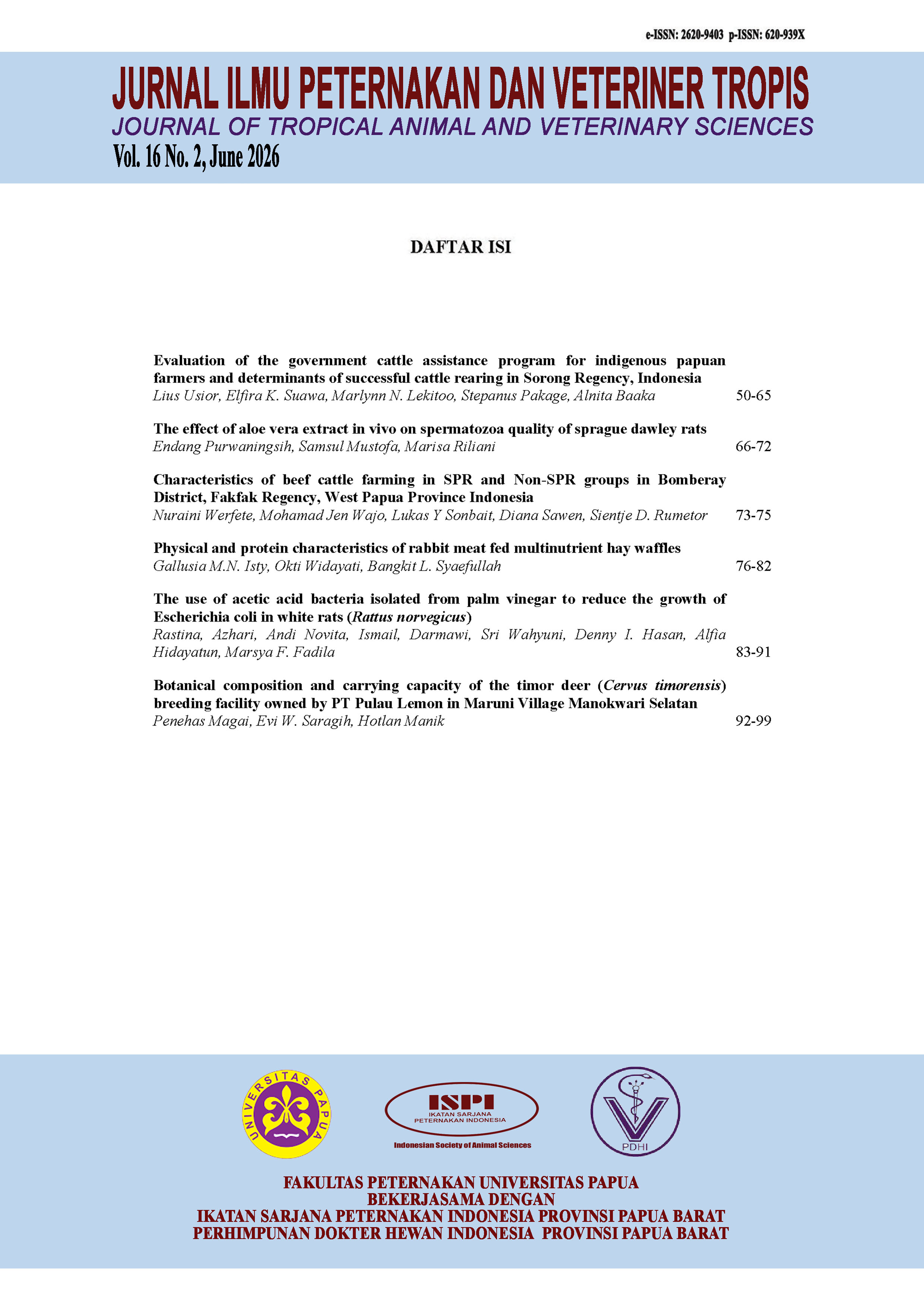 					View Vol. 16 No. 2 (2026): Jurnal Ilmu Peternakan dan Veteriner Tropis (Journal of Tropical Animal and Veterinary Science)
				